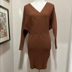 12th Tribe Brown Ribbed V-Neck Long Sleeve Dress